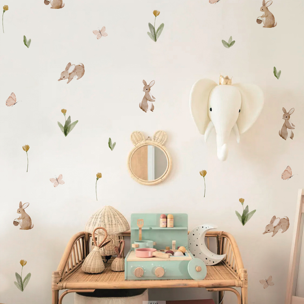Baby Nursery Stickers - Autocollant mural aquarelle lapins et fleurs